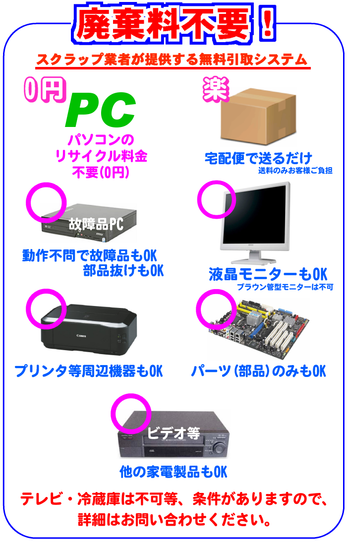パソコン処分 パソコン廃棄 PC 無料 回収 引取 方法 送るだけ！｜大畑 